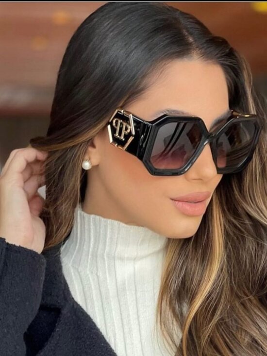 Philipp Plein Women Sunglasses Black Grey Grad Square SPP067 0700 NEW AUTHENTIC